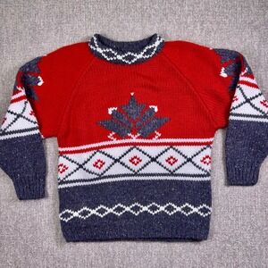 Susann D Chunky‎ Wool Blend Fair Isle Knit Sweater Women's M Red Grey Blue